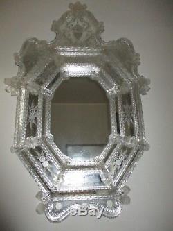 Antique Lrg Murano Etched Venetian Hand Blown Glass Mirror