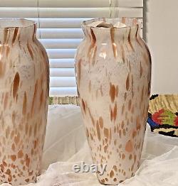 1 Pair MURANO Hand Blown Art Glass Vases 15 Copper & White Metallic
