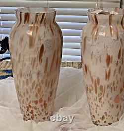 1 Pair MURANO Hand Blown Art Glass Vases 15 Copper & White Metallic