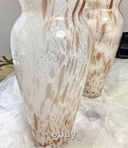 1 Pair MURANO Hand Blown Art Glass Vases 15 Copper & White Metallic