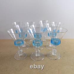10 Vintage Murano Art Glass Wine Glasses Blue Threaded Blown Venice Italy