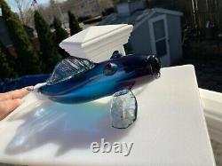 11 Inch Murano Purplish Blue Hand Blown Glass Pike Fish Signed 1986