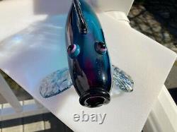 11 Inch Murano Purplish Blue Hand Blown Glass Pike Fish Signed 1986