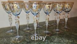 11 Stunning Murano Venetian Hand Painted Blue Blown Glass Gold Stem Wine Glasses