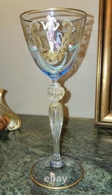 11 Stunning Murano Venetian Hand Painted Blue Blown Glass Gold Stem Wine Glasses