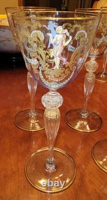 11 Stunning Murano Venetian Hand Painted Blue Blown Glass Gold Stem Wine Glasses