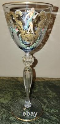 11 Stunning Murano Venetian Hand Painted Blue Blown Glass Gold Stem Wine Glasses
