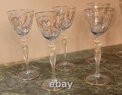 11 Stunning Murano Venetian Hand Painted Blue Blown Glass Gold Stem Wine Glasses