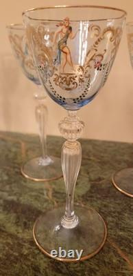 11 Stunning Murano Venetian Hand Painted Blue Blown Glass Gold Stem Wine Glasses