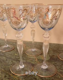 11 Stunning Murano Venetian Hand Painted Blue Blown Glass Gold Stem Wine Glasses