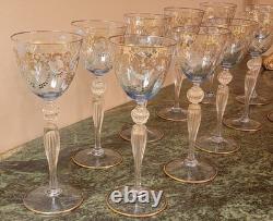 11 Stunning Murano Venetian Hand Painted Blue Blown Glass Gold Stem Wine Glasses