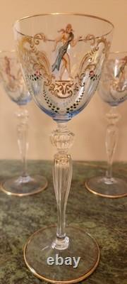 11 Stunning Murano Venetian Hand Painted Blue Blown Glass Gold Stem Wine Glasses