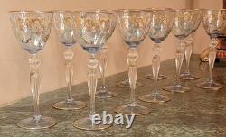 11 Stunning Murano Venetian Hand Painted Blue Blown Glass Gold Stem Wine Glasses