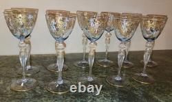 11 Stunning Murano Venetian Hand Painted Blue Blown Glass Gold Stem Wine Glasses
