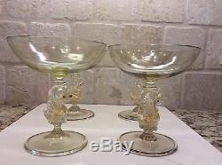 12 Murano Italy Venetian Hand Blown Yellow Swan Vintage Martini Sorbet Glasses