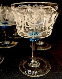12 Salviati & Co. Murano Glass Hand Etched Champagne Coupe / Wine Goblet Vintage