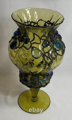 12 inches h Vintage Murano Style Hand Blown Art Glass Vase Green Applied Jewels