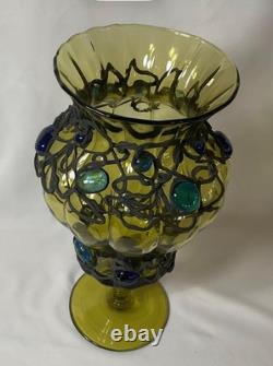 12 inches h Vintage Murano Style Hand Blown Art Glass Vase Green Applied Jewels