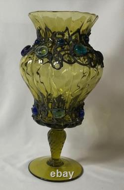 12 inches h Vintage Murano Style Hand Blown Art Glass Vase Green Applied Jewels