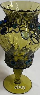 12 inches h Vintage Murano Style Hand Blown Art Glass Vase Green Applied Jewels