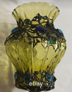 12 inches h Vintage Murano Style Hand Blown Art Glass Vase Green Applied Jewels
