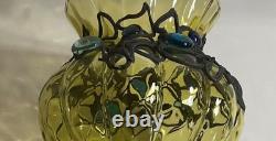 12 inches h Vintage Murano Style Hand Blown Art Glass Vase Green Applied Jewels