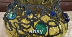 12 inches h Vintage Murano Style Hand Blown Art Glass Vase Green Applied Jewels