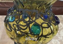 12 inches h Vintage Murano Style Hand Blown Art Glass Vase Green Applied Jewels