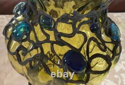 12 inches h Vintage Murano Style Hand Blown Art Glass Vase Green Applied Jewels
