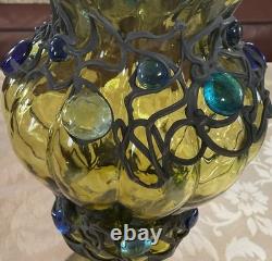 12 inches h Vintage Murano Style Hand Blown Art Glass Vase Green Applied Jewels