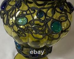 12 inches h Vintage Murano Style Hand Blown Art Glass Vase Green Applied Jewels