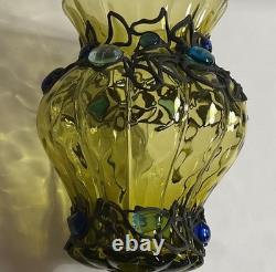 12 inches h Vintage Murano Style Hand Blown Art Glass Vase Green Applied Jewels