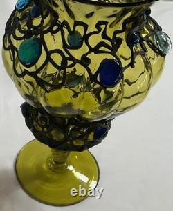 12 inches h Vintage Murano Style Hand Blown Art Glass Vase Green Applied Jewels