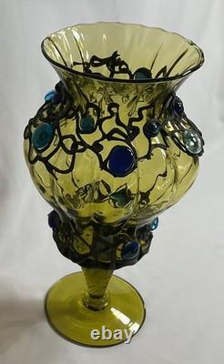 12 inches h Vintage Murano Style Hand Blown Art Glass Vase Green Applied Jewels