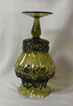12 inches h Vintage Murano Style Hand Blown Art Glass Vase Green Applied Jewels