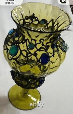 12 inches h Vintage Murano Style Hand Blown Art Glass Vase Green Applied Jewels