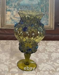 12 inches h Vintage Murano Style Hand Blown Art Glass Vase Green Applied Jewels