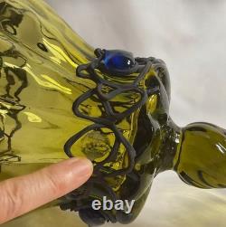 12 inches h Vintage Murano Style Hand Blown Art Glass Vase Green Applied Jewels