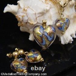 14k Yellow Gold Blue Murano Hand Blown Italian Glass Heart Stud Ball Earrings