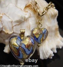 14k Yellow Gold Blue Murano Hand Blown Italian Glass Heart Stud Ball Earrings