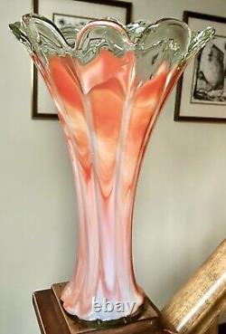 16.5 Tall Ruffled Wide Top MURANO Style Hand Blown Art Glass Swung Vase