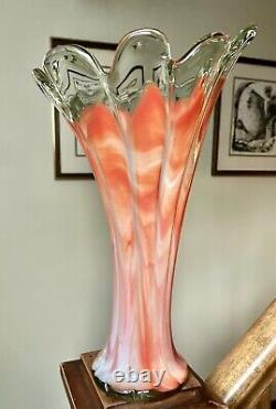 16.5 Tall Ruffled Wide Top MURANO Style Hand Blown Art Glass Swung Vase