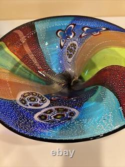 18 R Hand Blown Art Glass Bowl Millefiori Multi Colored Rainbow Silver Flakes