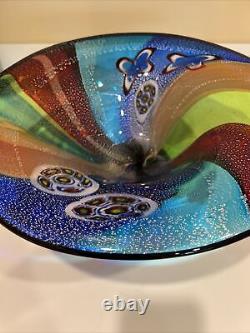 18 R Hand Blown Art Glass Bowl Millefiori Multi Colored Rainbow Silver Flakes