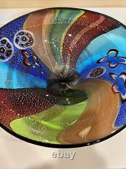 18 R Hand Blown Art Glass Bowl Millefiori Multi Colored Rainbow Silver Flakes