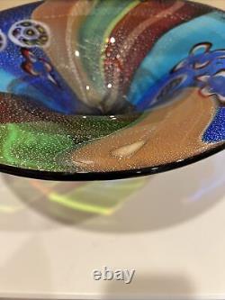 18 R Hand Blown Art Glass Bowl Millefiori Multi Colored Rainbow Silver Flakes