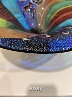 18 R Hand Blown Art Glass Bowl Millefiori Multi Colored Rainbow Silver Flakes