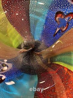 18 R Hand Blown Art Glass Bowl Millefiori Multi Colored Rainbow Silver Flakes