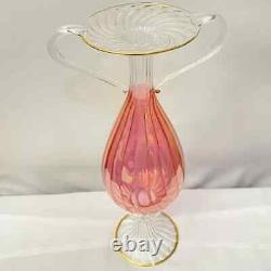 1940 Venetian Murano Gold Cranberry Hand-Blown Glass Double Handled Vase
