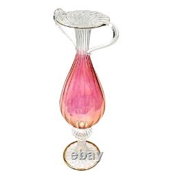 1940 Venetian Murano Gold Cranberry Hand-Blown Glass Double Handled Vase